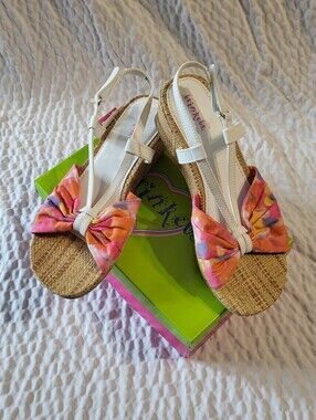 Trinkets Women's Floral Bow Espadrille Wedge Sandals - Pink/Orange - NIB - Size5